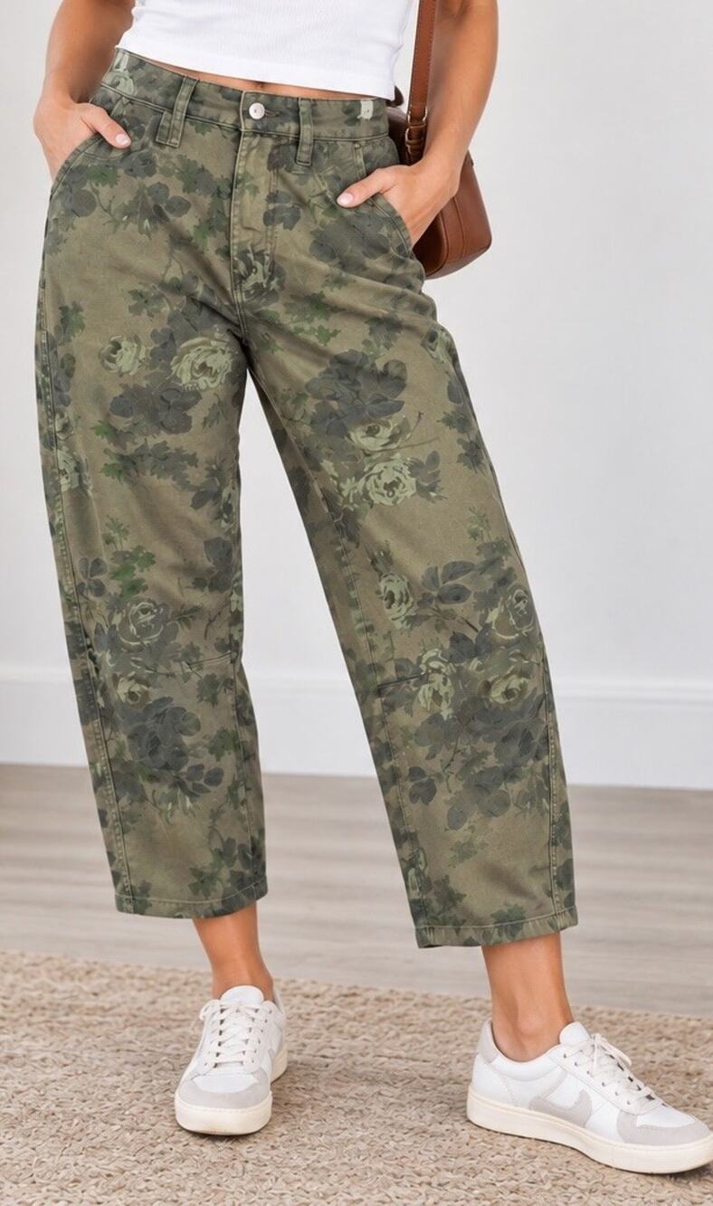 NEW Gap Barrel Leg Jeans Womens 00/24 Short Green Floral Print Utility High Rise